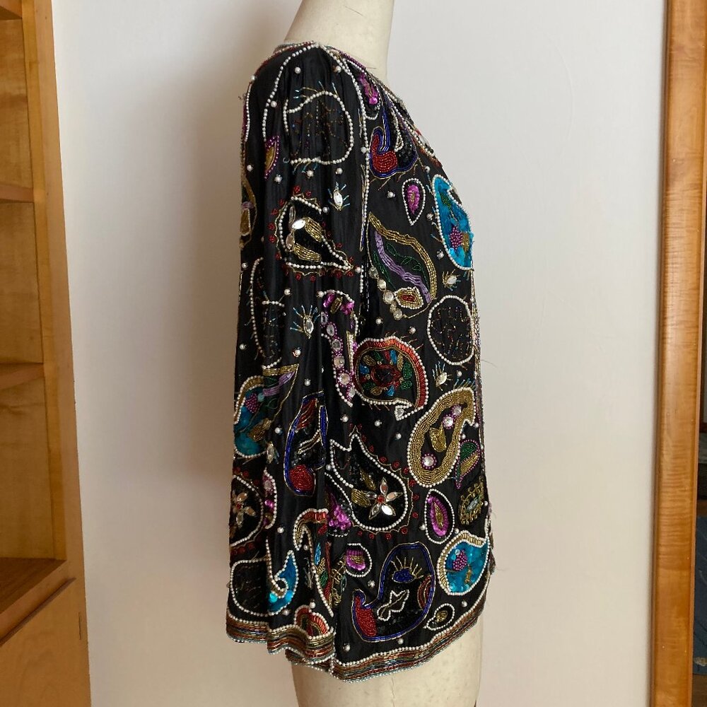 Paisley Sequin Beaded Jeweled Jacket Blue Black Multicolor - Picture 13 of 16